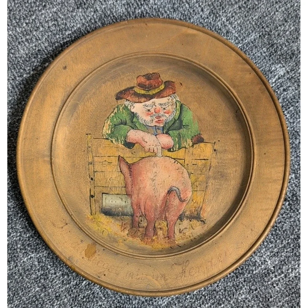 Vintage Wooden Hand painted German Folk Art Plaques Feed The Pig Wood Wall Plate